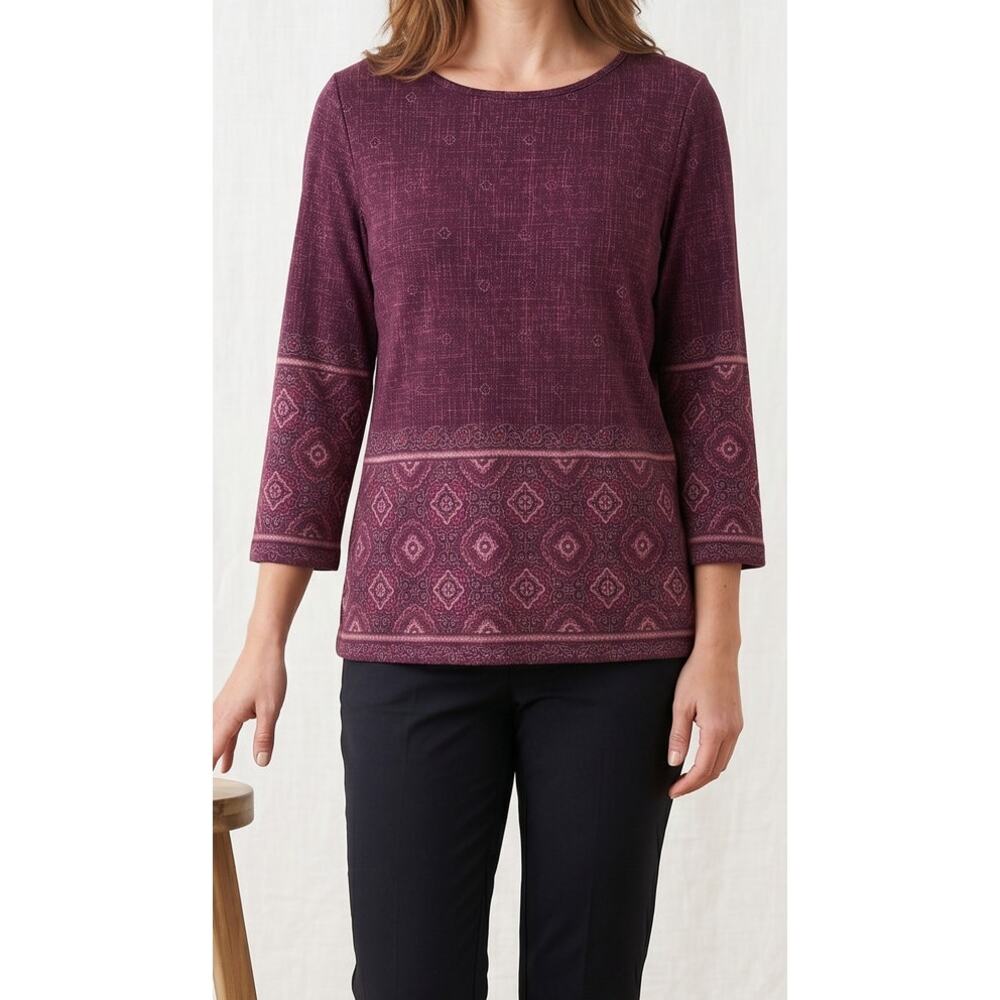 Liz Claiborne Liz & Co. Large Polyester 3/4 Sleeve Purple Pattern Blouse Shirt